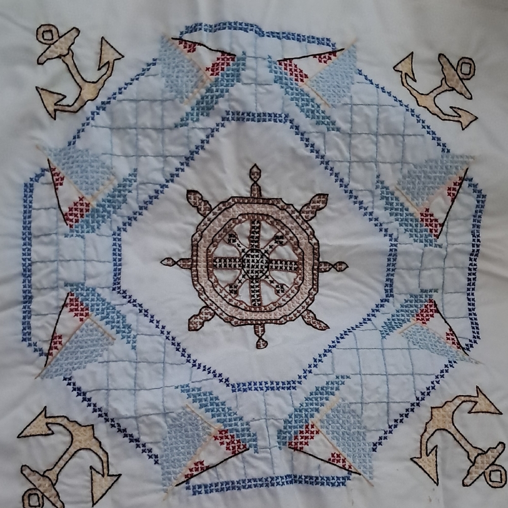 25 Pcs Nautical Hand Embroidered Quilt Squares with Anchors and Ship Wheel
